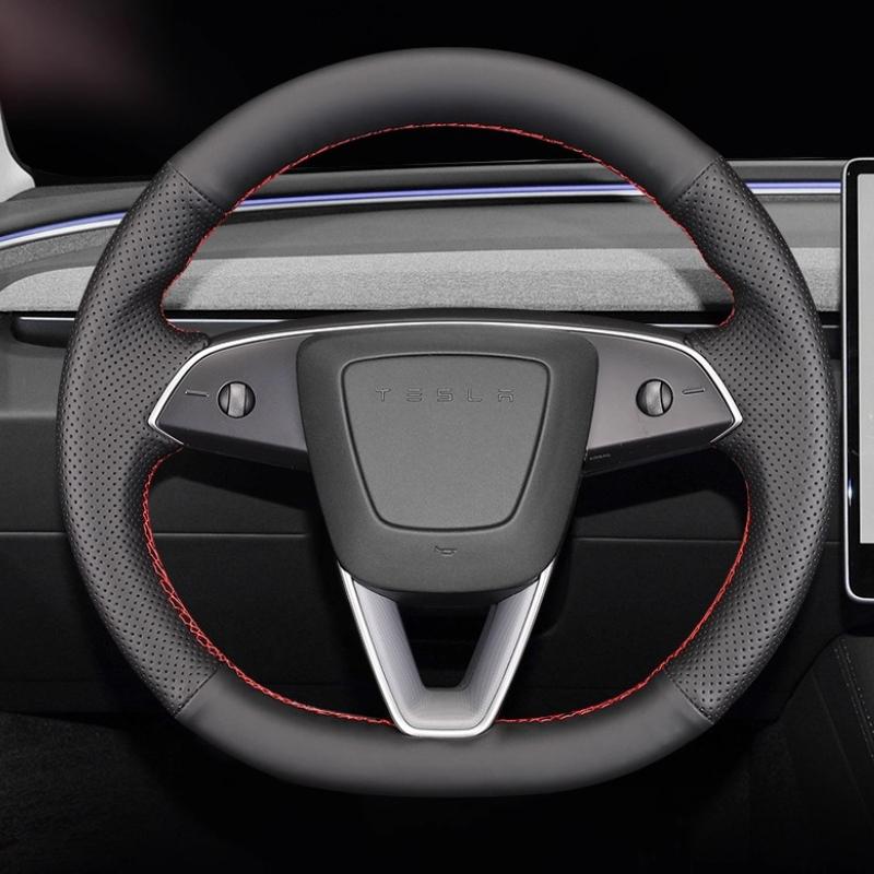 Hand-Stitched Non-Slip wear resistant Black white  Leather Car Steering Wheel Cover For Tesla New Model 3 Highland 2024