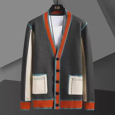 Men's V-Neck Knitted Cardigan - 2024 Spring/Autumn Fashion, Color Block Sweater, Punk Style Jacket