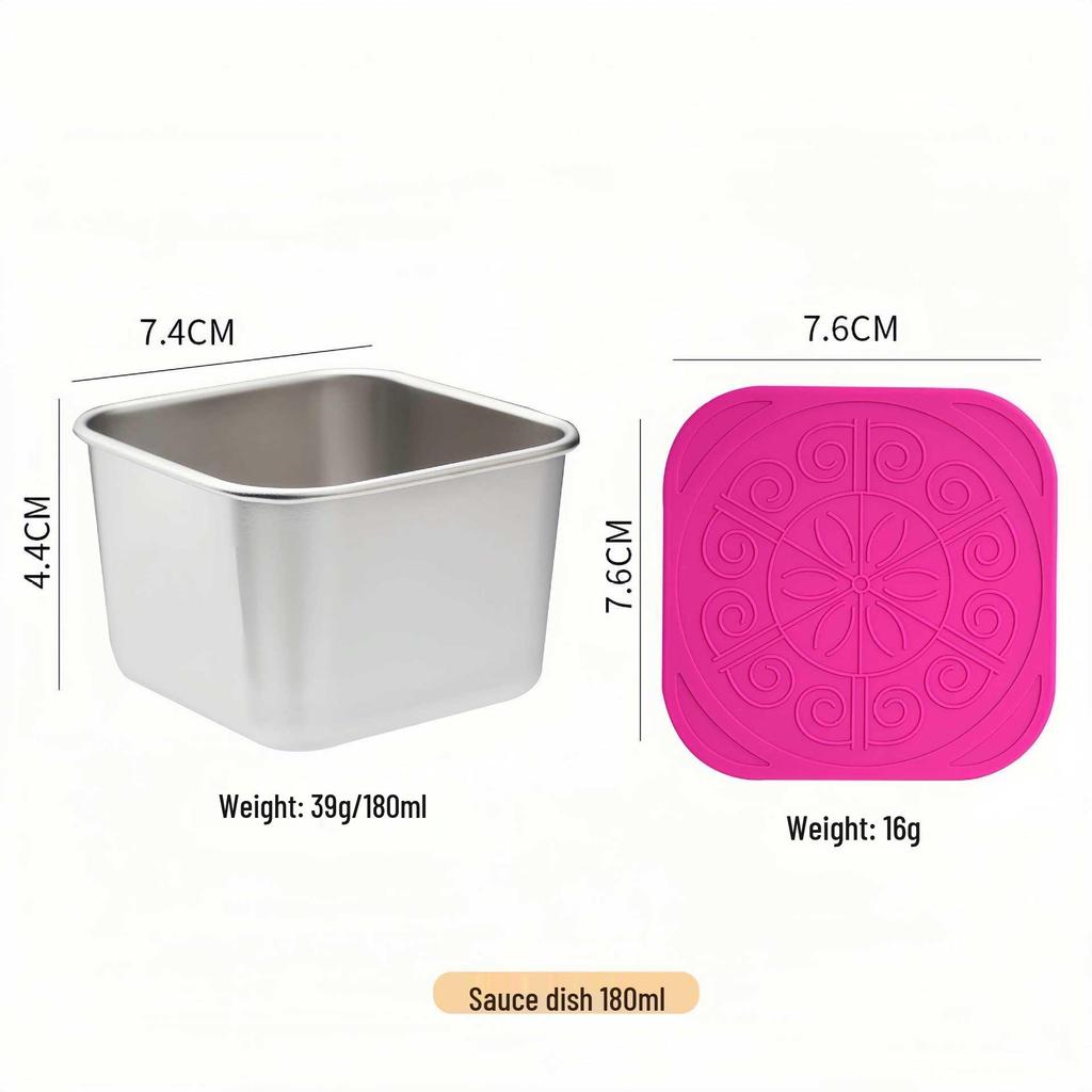 Stainless Steel Sauce & Salad Container with Silicone Lid, 60/180ml, Leakproof Square Design