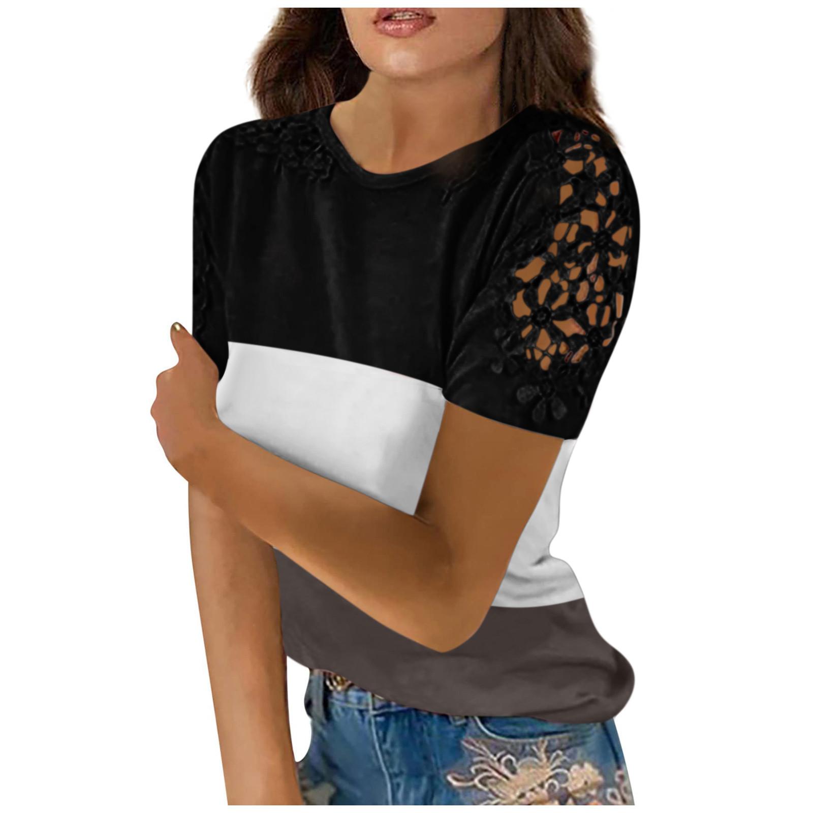 

Женская модная кружевная футболка с круглым вырезом и короткими рукавами, топ S чёрный