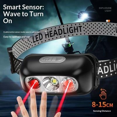 Ultra Bright Motion Sensor Rechargeable Headlight Flashlight LED Headlamp for Fishing Forehead Light for Hands-Free Illumination