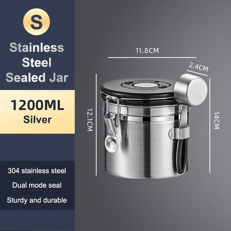 1.2 1.5 1.8L Coffee Bean Jar Airtight Canister Sealed Stainless Steel With Spoon One Way Valve Cannister Coffee Storage Kitchen