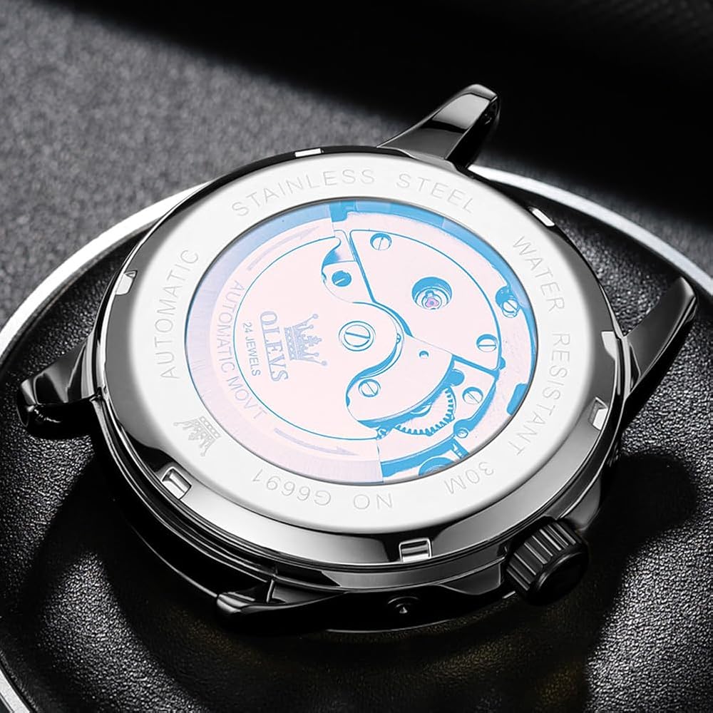 OLEVS Men's Mechanical Automatic Moon Phase Skeleton Watch Waterproof Blue and Gold