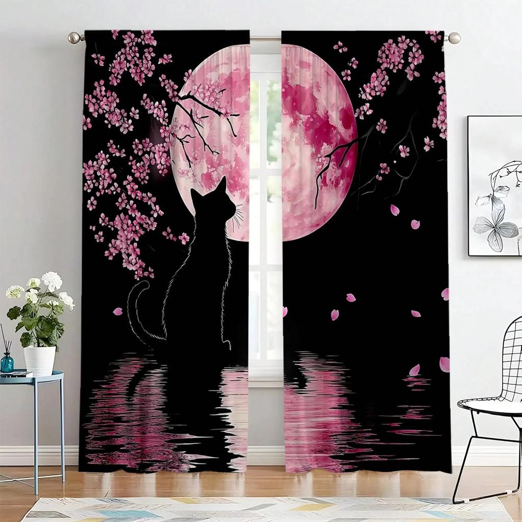 Jit Dreamy Floral Curtain Cherry Blossom Cat Design Polyester Drapes Home Decor Holiday Window Trea Curtains Light Blocking Set Of 2 Made With Rod