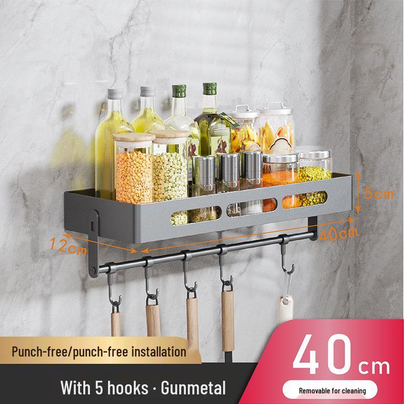 Charlotte Gunmetal Grey Wall-Mounted Kitchen Storage Rack with Seasoning Jar Organizer, Punch-Free