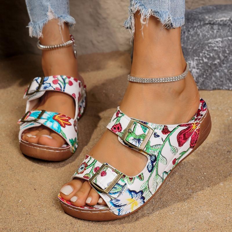 Fashion Women Slippers Wedge Outdoor Fashion Beach Shoes 2025 Summer Buckle Comfortable Anti Slip Flower Trendy Slippers Chanclas Mujer