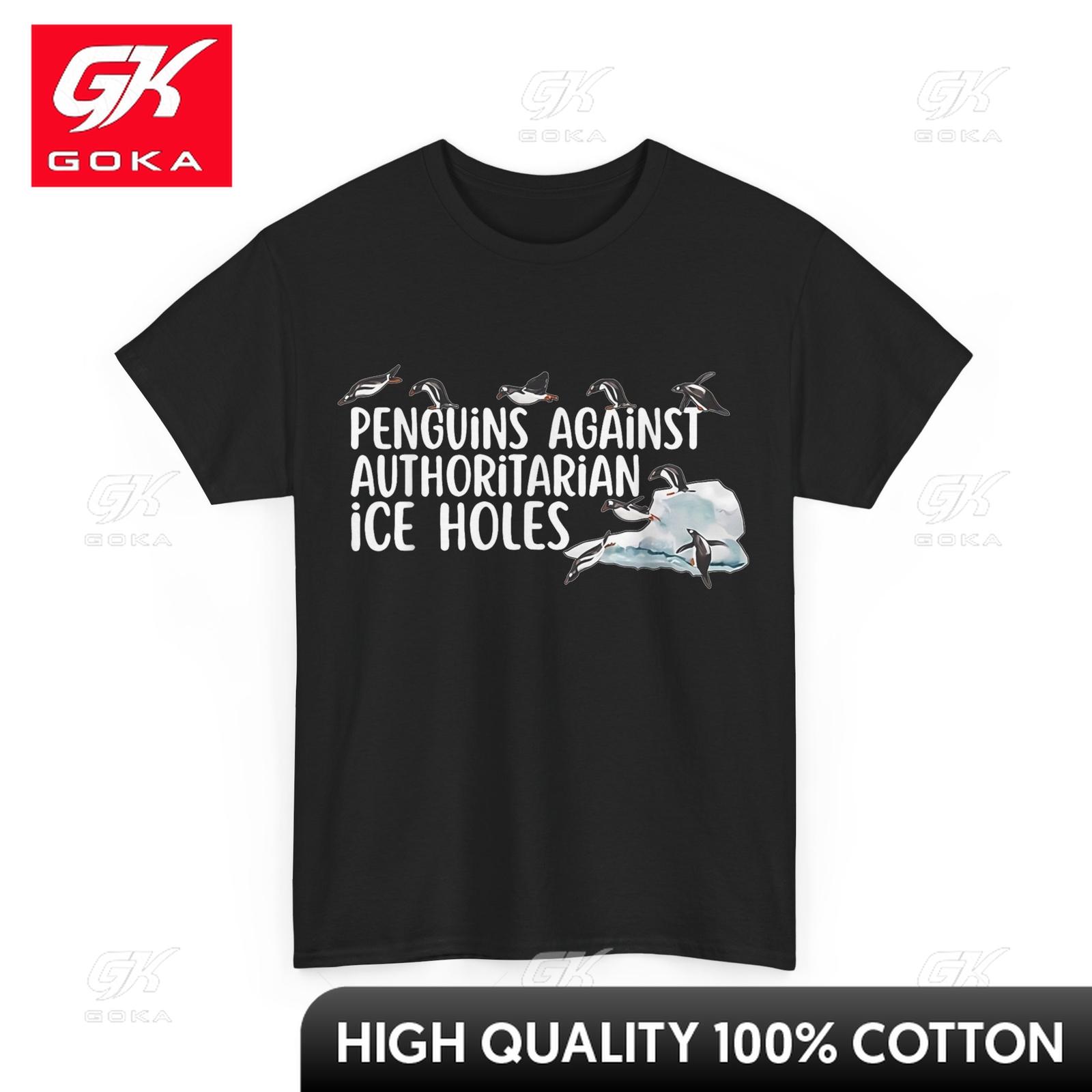 Funny Penguins Against Authoritarian Ice Holes Eye Catching Round Collar Comfortable Cotton Graphic Tee Casual Daywear S