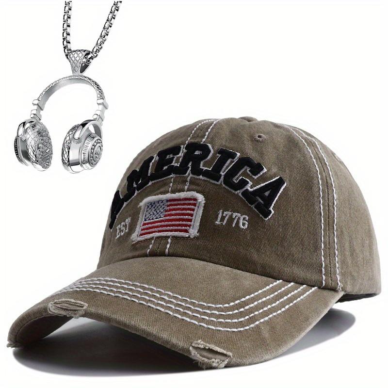 2pcs Men's Baseball Cap Necklace Set Duckweed American Flag Hat Hip-hop Necklace Pendant Net Red Baseball Cap Fashionable Hundred Matching Sun Hat