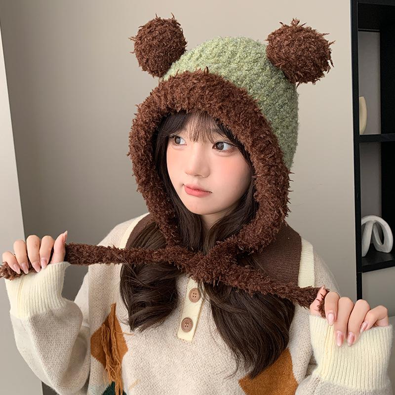 

Шапка с медвежьими ушками Женская Осень и Зима Новая Корейский стиль Милая Утолщенная Теплая Плюшевая Шапка Велоспорт Защита ушей Шапка Лей Фэн M（54-58cm）
