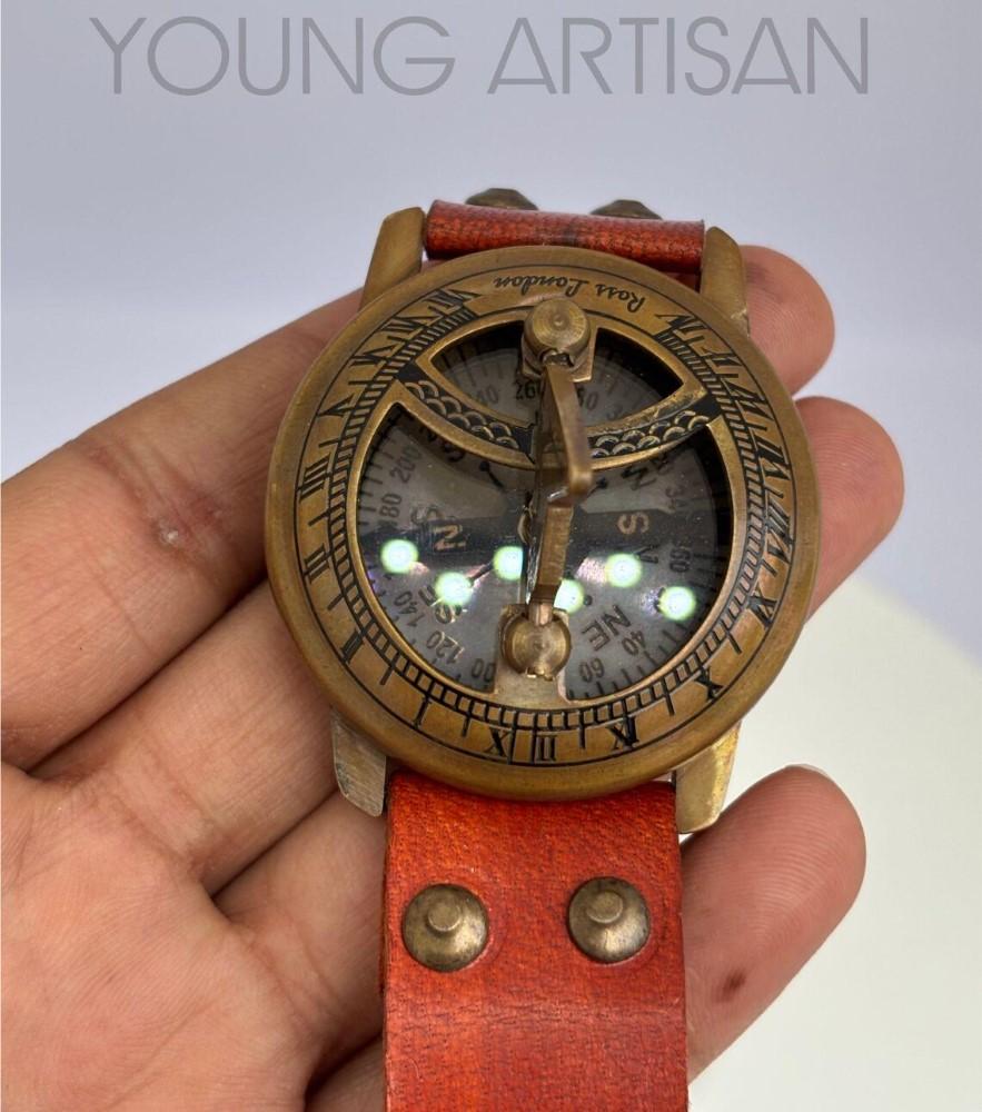 Sundial Wrist Watch Brass Compass & Leather Straps Nautical Steampunk Handmade