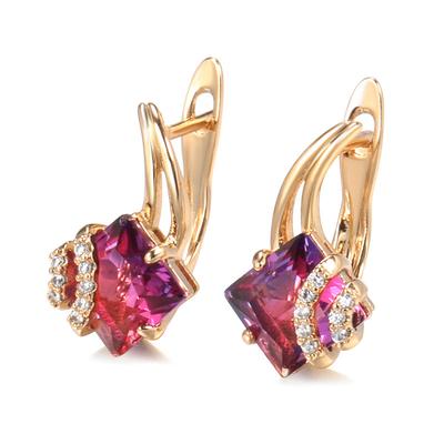 European and American Fashion Zircon Earrings for Women, Creative and Popular Rose Gold Square Block Red Crystal Studded Diamond Earrings