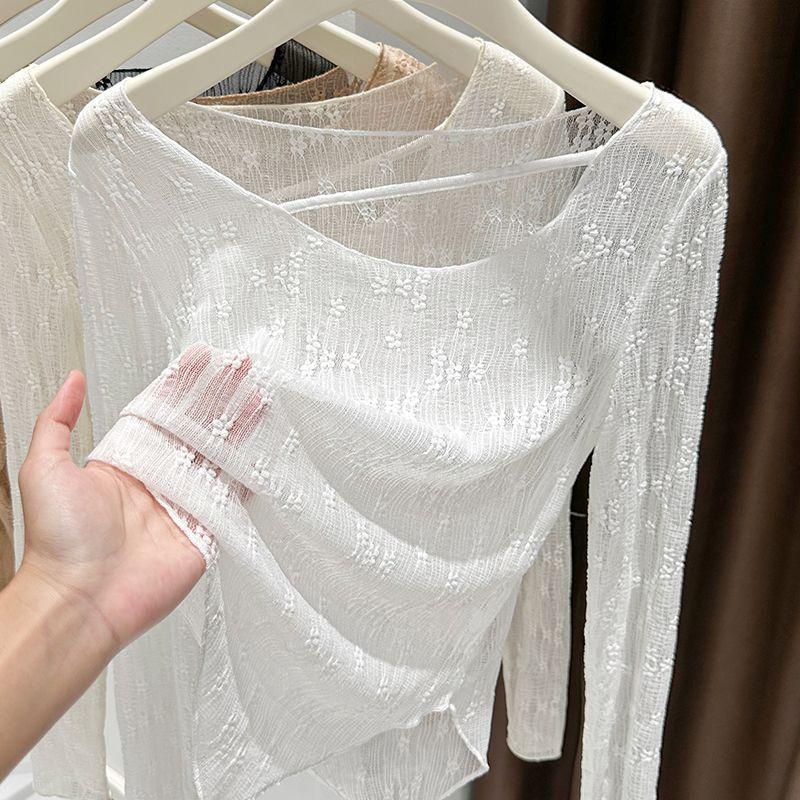 

Сладко-пряная футболка с кружевным вырезом лодочкой, солнцезащитная тонкая многослойная верхняя одежда, летняя пляжная, для кондиционированного воздуха, прозрачный топ-накидка с длинными рукавами 2XL белый