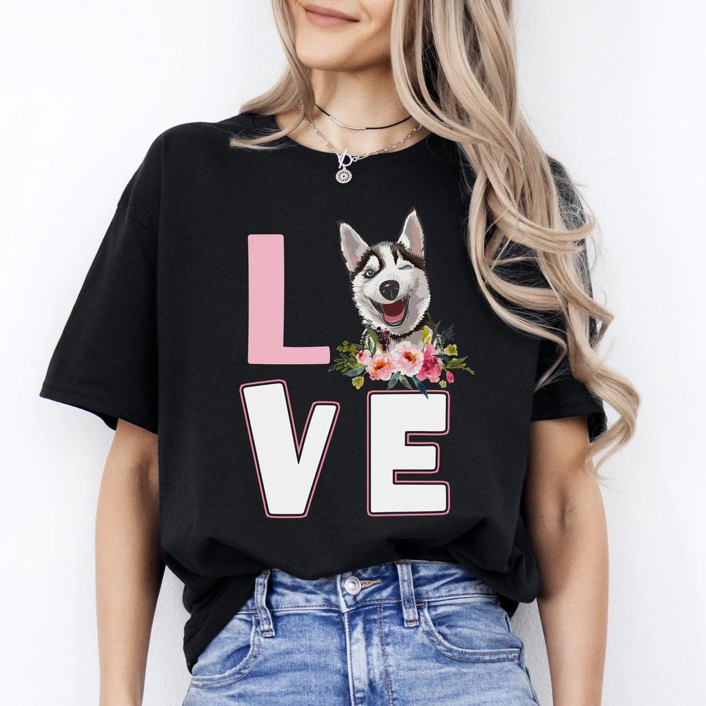 Love Husky T-Shirt gift Husky Dog mom Unisex tee Black Navy Dark Heather