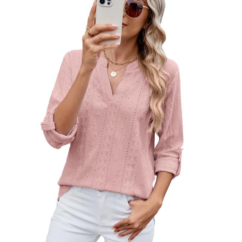 Damen Frühling und Sommer Neues einfarbiges V-Ausschnitt Siebenviertelärmeliges Knopf-Top-T-Shirt