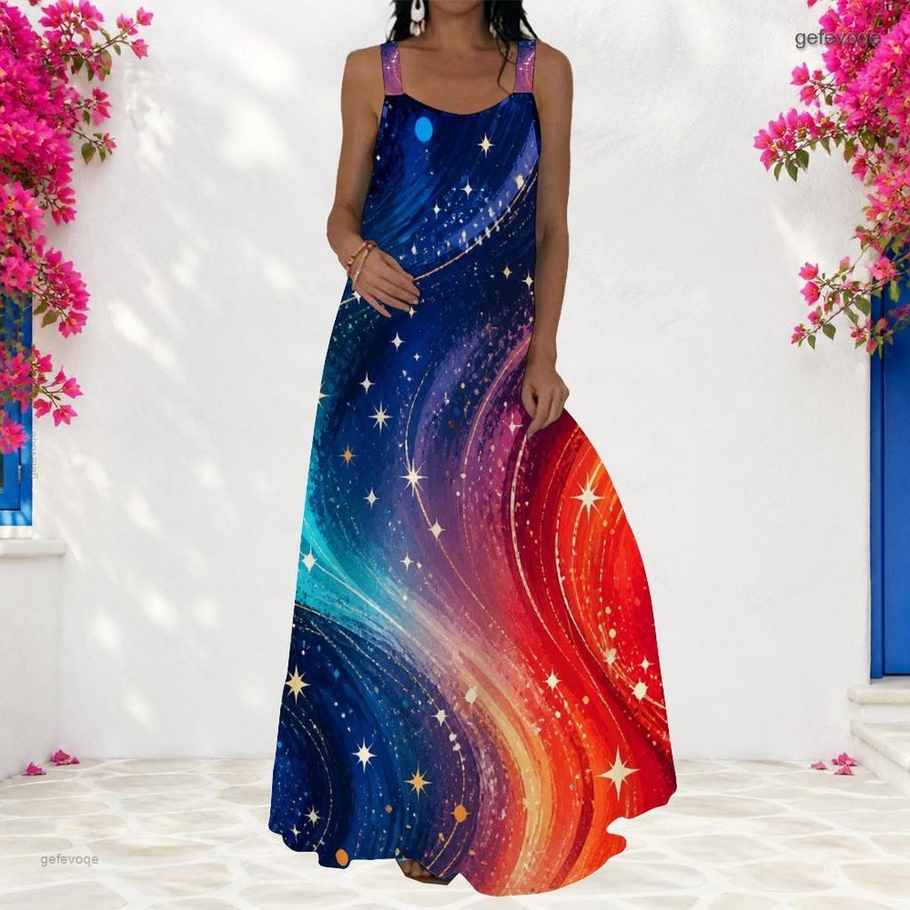 Women Plus Size Navy Blue Red Printed Scoop Neck Strappy Sleeveless A Line Long Dress