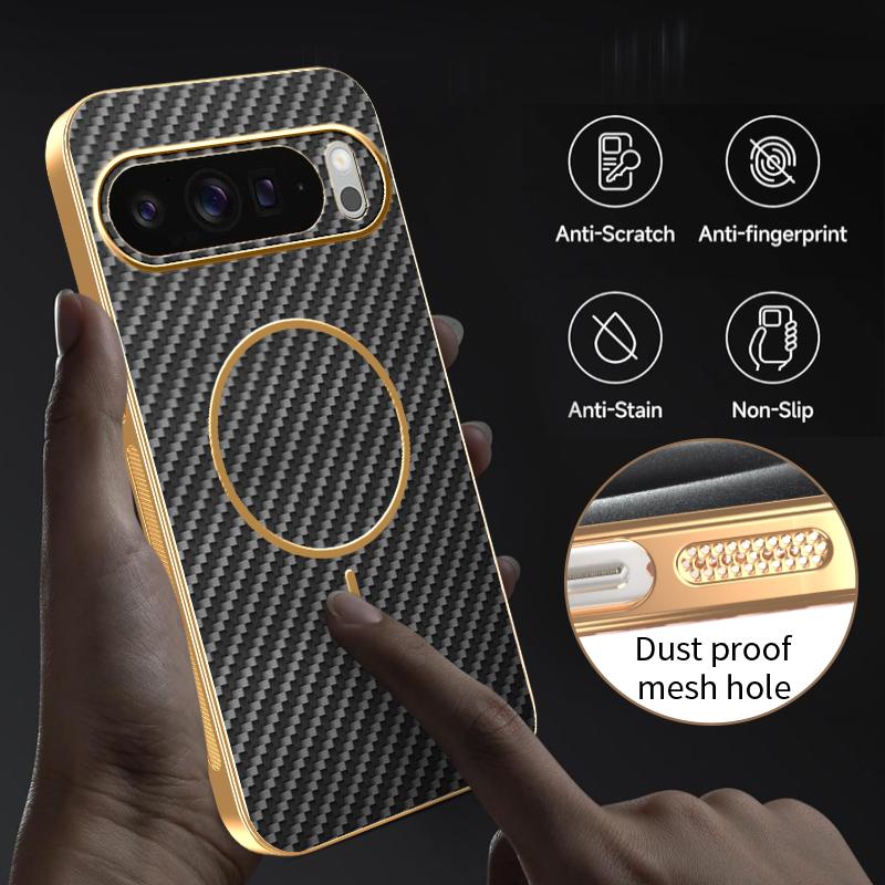 For Google Pixel 10 9 Pro XL Case Case New Electroplating Leather Carbon Fiber Fine Magnetic Ring Cover For Pixel 9A Fudna