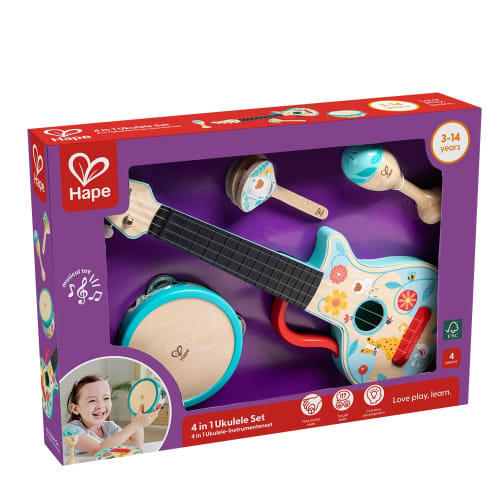 Hape 4-in-1 Ukulele Set, 50 X 36.4 X 8.2 Cm, Ages 3 and Up, Wooden Pretend Play Toy, E0638