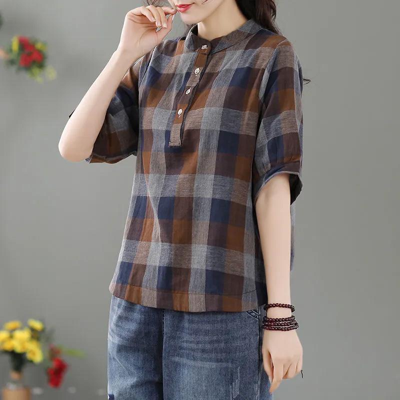 Tops Women Cotton Summer Large Size T-shirt Loose Vintage Plaid Casual Top Casual Pullover T-shirt Top