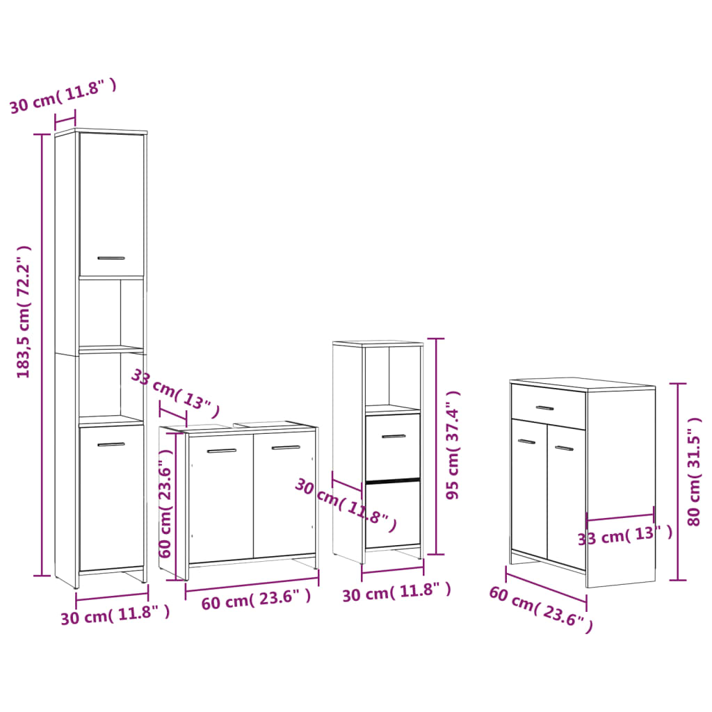 4 Piece Bathroom Furniture Set Grey Sonoma Particleboard