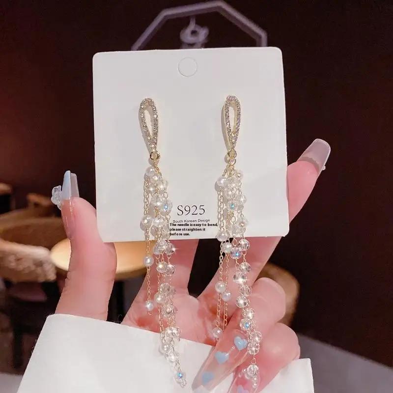 1 Pair Dangle Earrings Bowknot Shape Shining Rhinestones Lady Earrings Heart Imitation Pearls Tassel Jewelry Accessory
