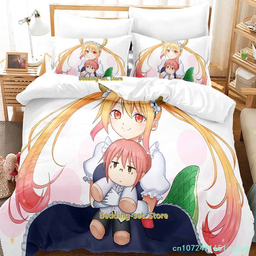 Miss Kobayashi's Dragon Maid Bedding Set Anime three-piece Set Adult Kid Bedroom Duvetcover Sets Kawaii Girls Conjunto De Cama