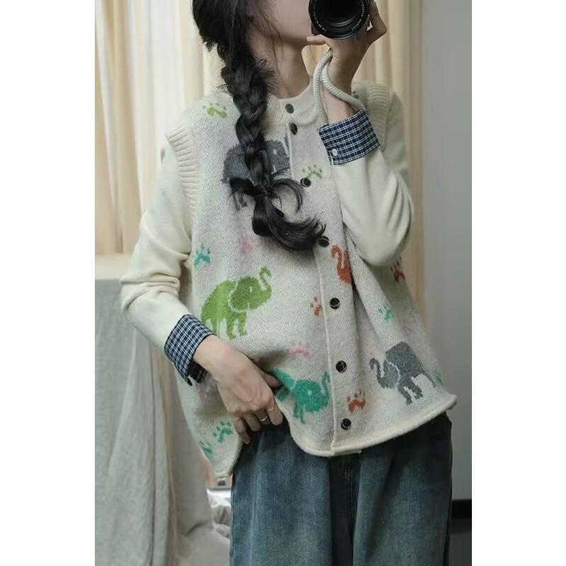 Dimanaf 2025 Women Sleeveless Buttons Autumn Vest Sweaters Style Printing  Knitting Casual Loose Sweater