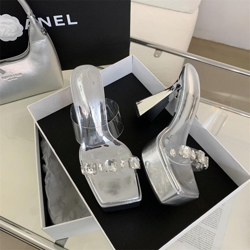 Neue Pantoletten mit dickem Absatz, coole Pantoletten, Damenmode, Wort, Sommer, wasserdicht, Tischkristall, 2025 Damen-High-Heel-Damenpantoletten