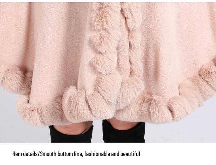 Women's Imitation Rex Rabbit Fur Collar Shawl Cape - Large Size, Knitted Loose Fit Cardigan for Autumn and Winter