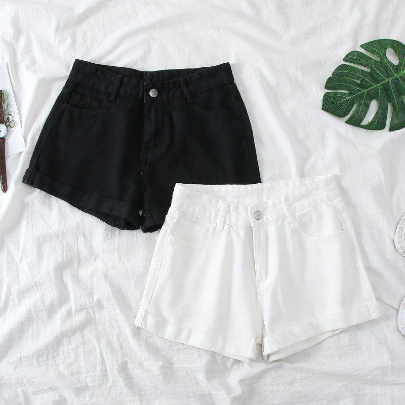 Women's High Waist A-Line Denim Shorts - Korean Style Summer 2025, Loose Fit, Slimming, Wide Leg, Rolled Hem.
