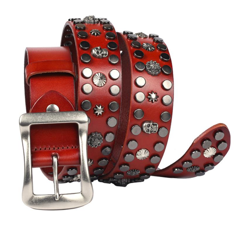 

3.8CM Fashion High Quality Alloy Skull Rivet Belts Top Quality Cowhide Real Genuine Leather Pin Buckle Belt Punk Jeans Strap 105CM тёмно-рыжий