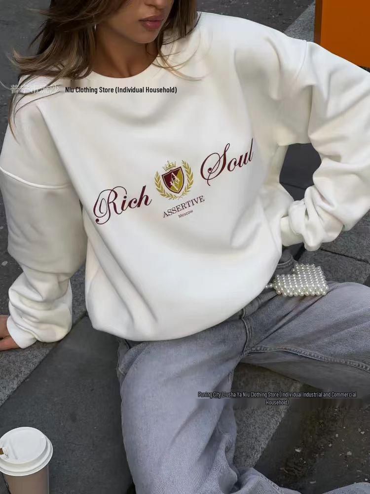 European Autumn/Winter 2025 Women's Stylish Printed Pullover: Loose, Versatile, Plus Velvet, Round Neck Sweatshirt