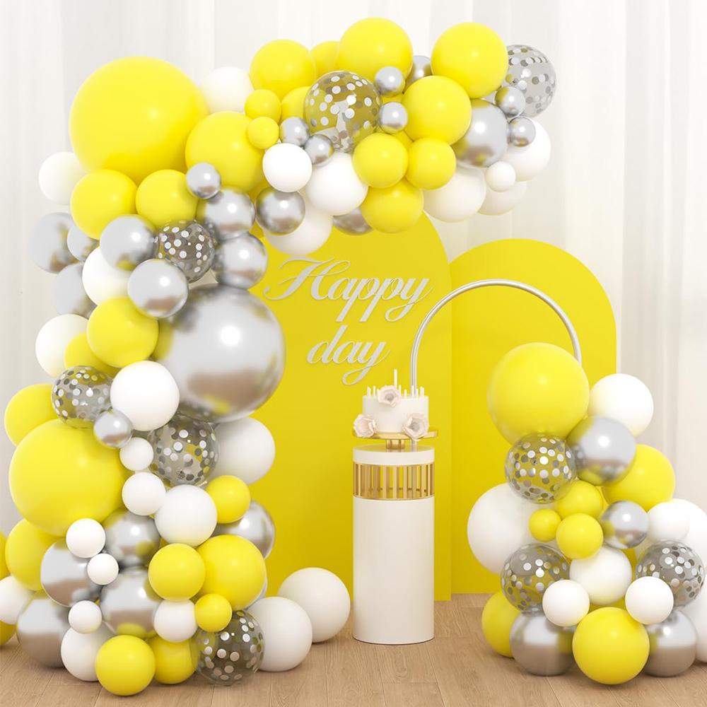 Yellow White Theme Balloons Arch Kit Metal Silver Confetti Balloon Garland Birthday Party Wedding Baby Shower Home Party Decor