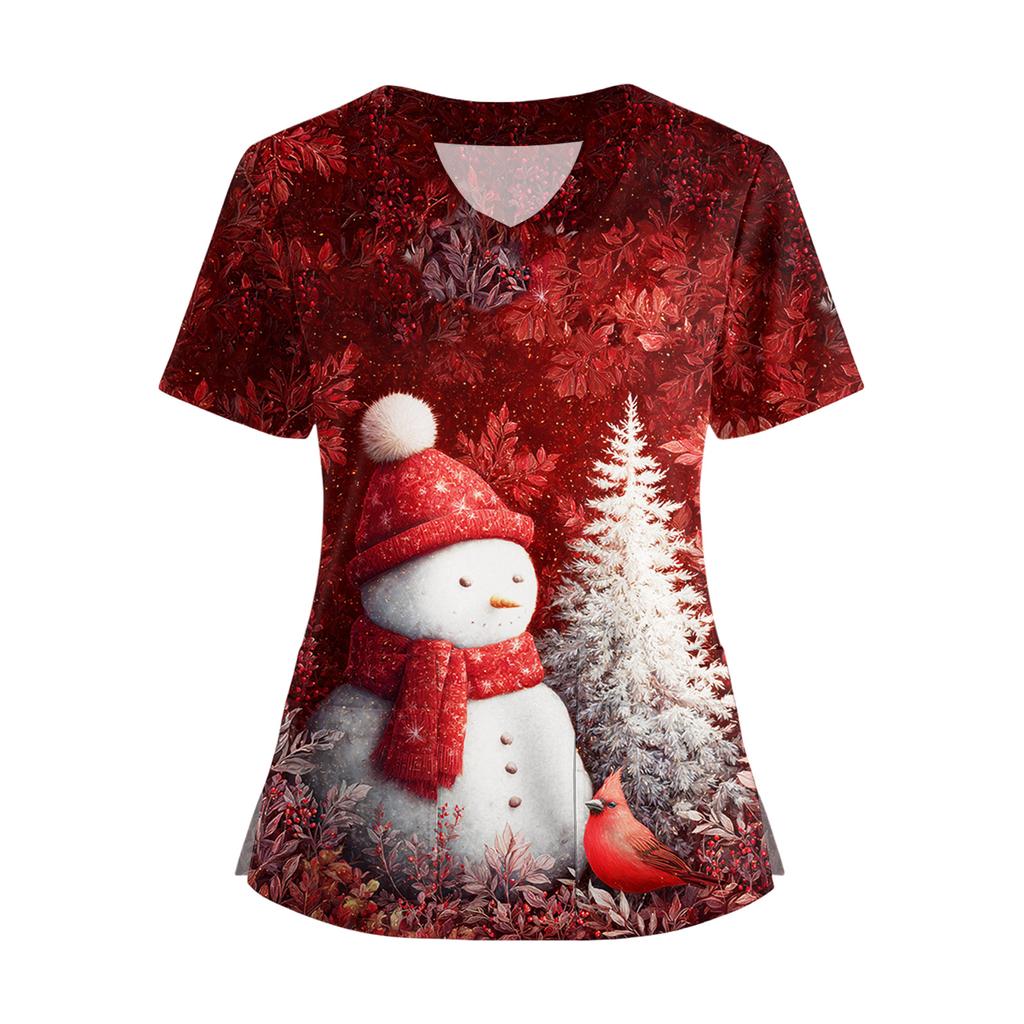 Women's Short Sleeved Christmas Printed V-neck Buttonable Side Slit Top T-shirt