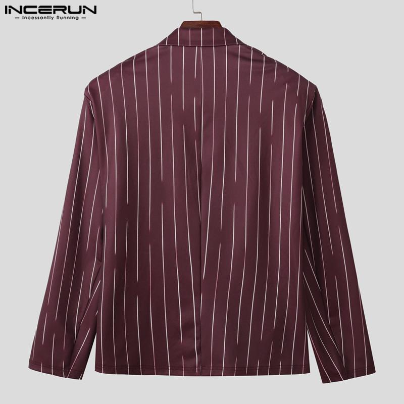 INCERUN Men Deep V Neck Long Sleeve One Button Striped Thin Blazer Short Coats