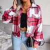 Women's Woolen Blend Jacket Fall Winter Plaid Notched Lapel Coat with Lantern Sleeves & Patch Pockets