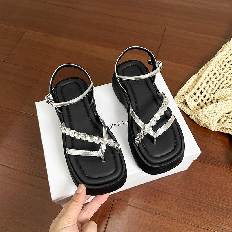 Summer new slope heel toe sandals women's rhinestone word with open toe silver thick-soled cool slippers