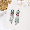 Turquoise Bohemian Owl Feather Tassel Earrings - Bronze Geometric Carved Design with Palm and Dreamcatcher Elements