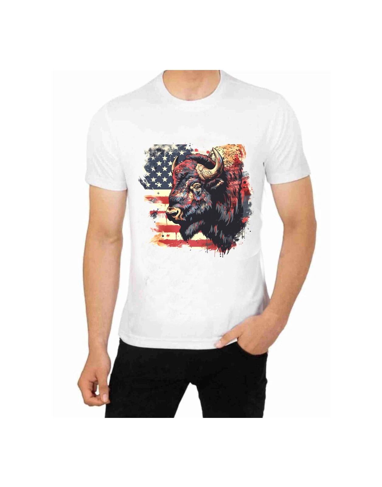 Patriotic Large Buffalo & Flag T-Shirt for Men Apparel Wildlife Animal Art Bison XL