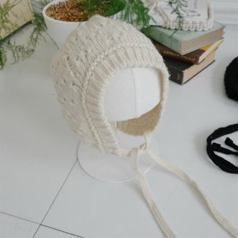 Women s Colorblock Stitch Knit Earflap Beanie Black and white