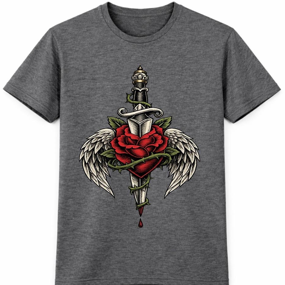 Dagger Rose T Shirt Angel Wings Gothic Tattoo Style Streetwear Graphic Tee