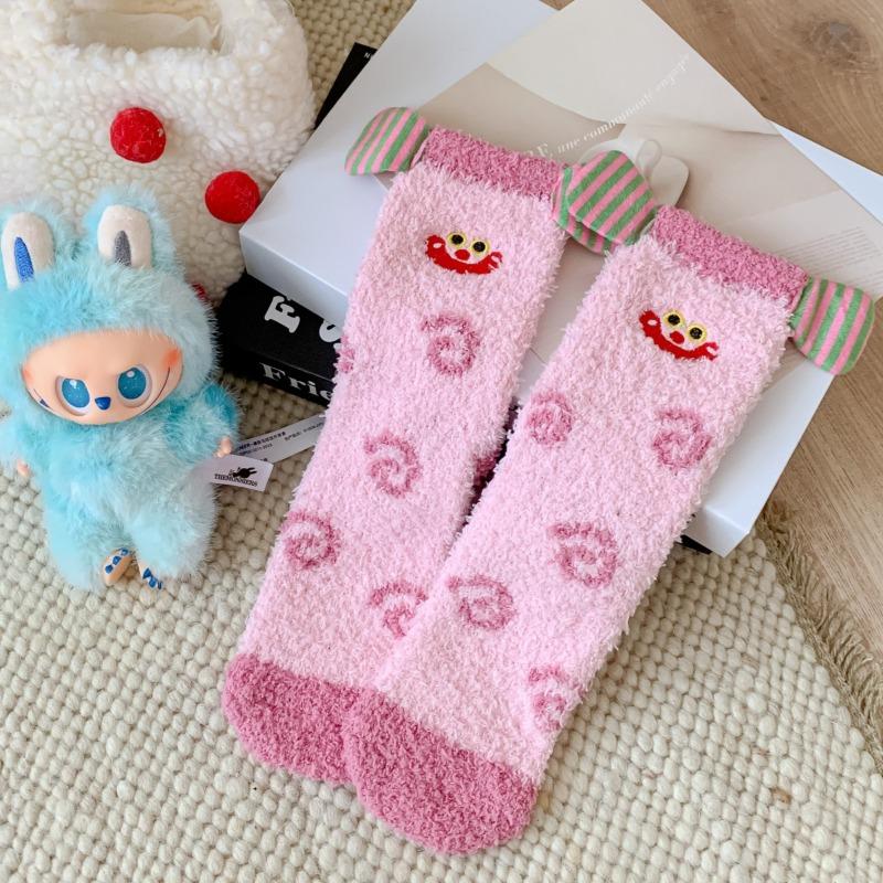 Three-dimensional Coral Fleece Sleeping Socks Winter Warm Medium Tube Floor Socks Embroidery Funny Clown Half Fleece Christmas Socks