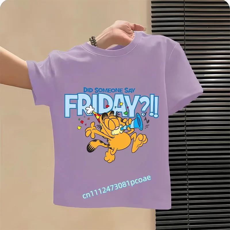 boys' sports shirt, girls' casual top with cartoon print, summer T-shirt Garfield's new children's pure polyester short-sleeved