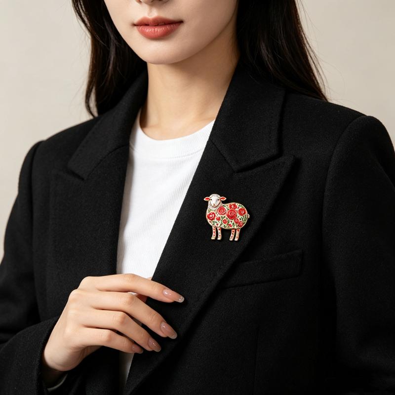 Premium Alloy Rose Flower Goat Brooch Hypoallergenic Unisex Lapel Pin for Year of Goat Celebration Office Party Gift