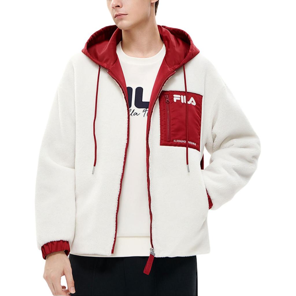 FILA Color Block Drawstring Hooded Simple Casual Faux Lamb Wool Jacket Men jackets Cloud-Mushroom-White F11M249913F-WT