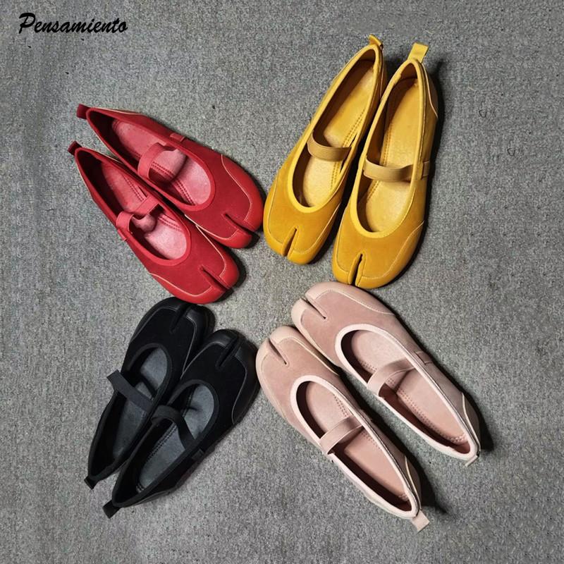 Dámské baleríny Tabi s rozdělenou špičkou z umělého semiše, patchworkové, jarní podzimní Mary Janes, vycházkové mokasíny, ležérní dívčí taneční obuv