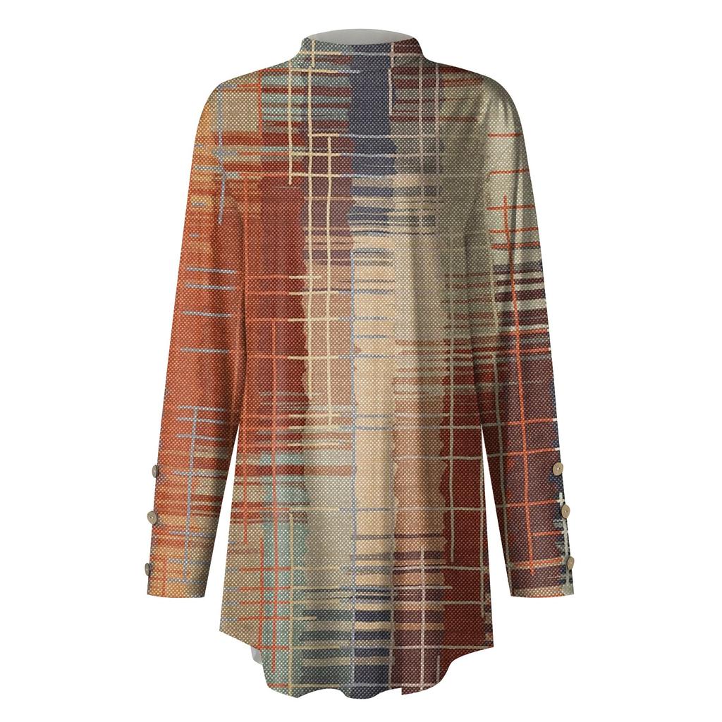 Women's Casual Fashion High Neck Button-Down Retro Print Long Sleeve Top