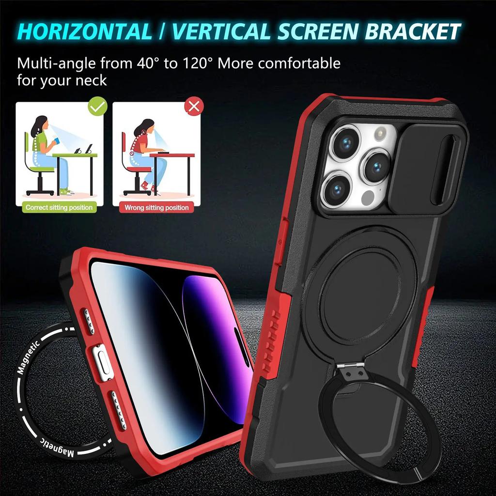 Coque avec béquille pour iPhone 15 14 Pro Max Plus Glissière pour appareil photo avec support invisible Protection contre les chutes de qualité militaire Coque magnétique robuste