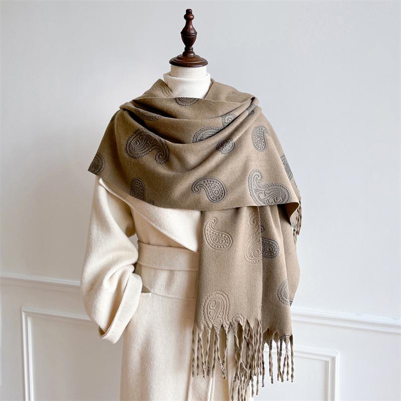 Embossed Cashmere Winter Scarf for Women Plain Warm Chunky Shawl Luxury Designer Poncho Pashmina Hijab Bufanda Lady Boho Cape