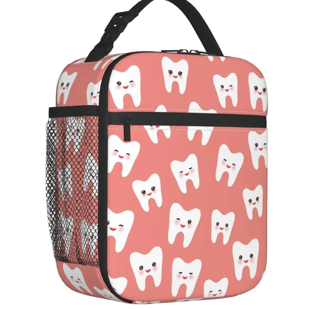 Kawaii Teeth  Pattern Insulated Lunch Bag for Women Portable Tooth Thermal Cooler Bento Box Office Picnic Travel