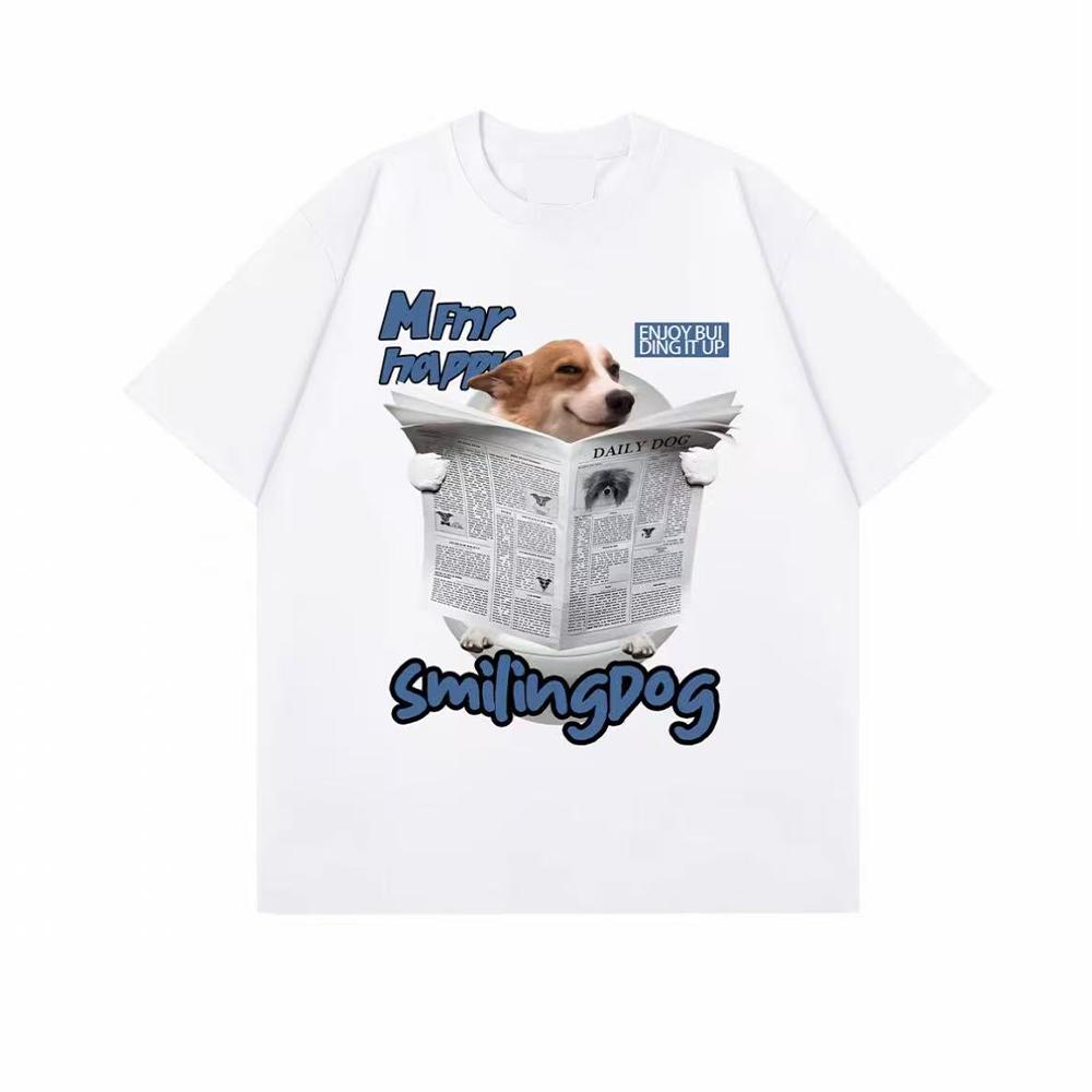 Retro Street-Style Dog-Print T-Shirt For Men And Women Made Of Cotton Featuring Loose Short Sleeves And Suitable For Summer